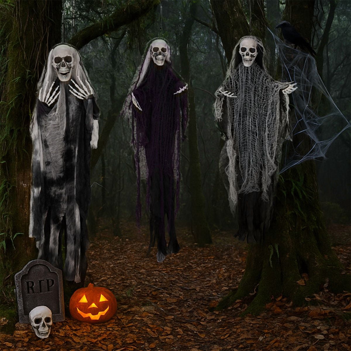 3-Pack Hanging Grim Reaper Ghosts 4.6FT and 3FT Halloween Decorations for Yard Porch Tree