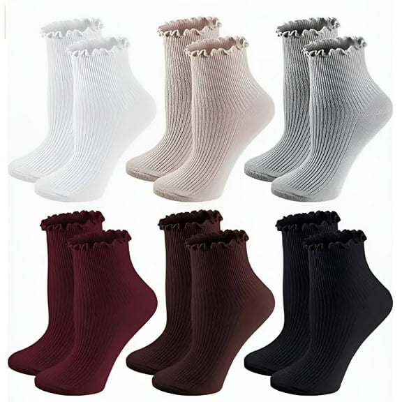 TELOLY Women'S Ruffle Socks,Casual Cute Ankle Socks,Breathable Double Knit Cotton,Soft Frilly Crew Socks for Women,6 Pack Pure Color,Size 5-9
