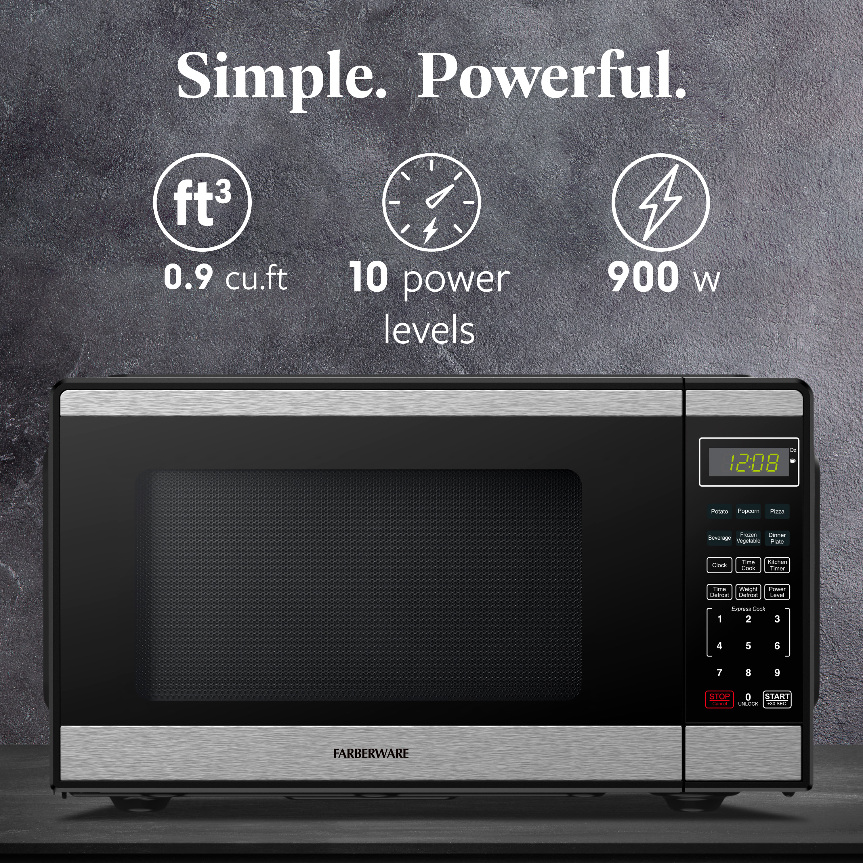 Farberware 0.9 cu ft Microwave Oven, 900W Countertop Microwave Oven with Auto Cook Menu, Black & Stainless Steel