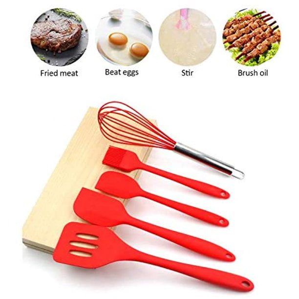 OUSITAI 5pcs Cooking Rubber Utensils Set, Red Silicone Slotted