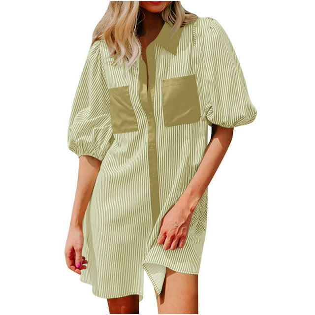 Camisas de Cuello en V de Manga Corta para Mujeres Vestido de Túnica de Rayas con Botón de Verano con Bolsillos, 95% Poliéster 5% Spandex para Diario Y Fiesta