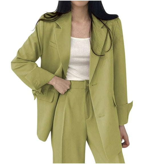 DeHolifer Blazers for Women Lapel Solid Color Pockets Long Sleeve Cardigan Loose Business Work Office Blazers Army Green S