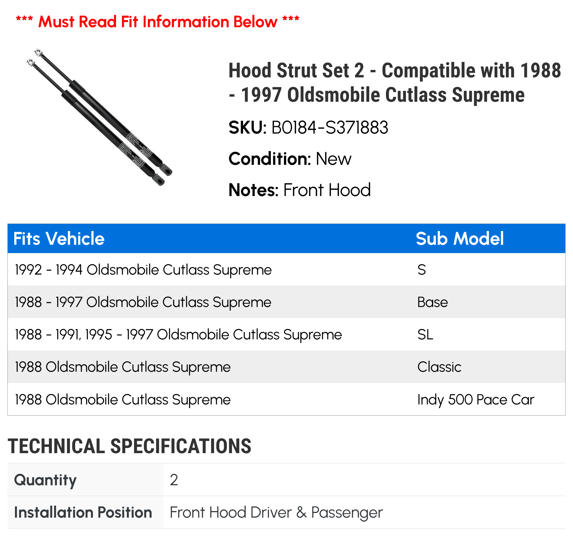 Hood Strut Set 2 - Compatible with 1988 - 1997 Oldsmobile Cutlass Supreme - Autopart Premium