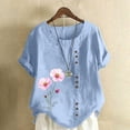 thumbnail image 1 of Lydiaunistar Hauts d'Été pour Femmes Blouse en Lin Décontractée Col Rond Polyester Mode Grande Taille Manches Courtes T-shirt à Boutons, 1 of 4