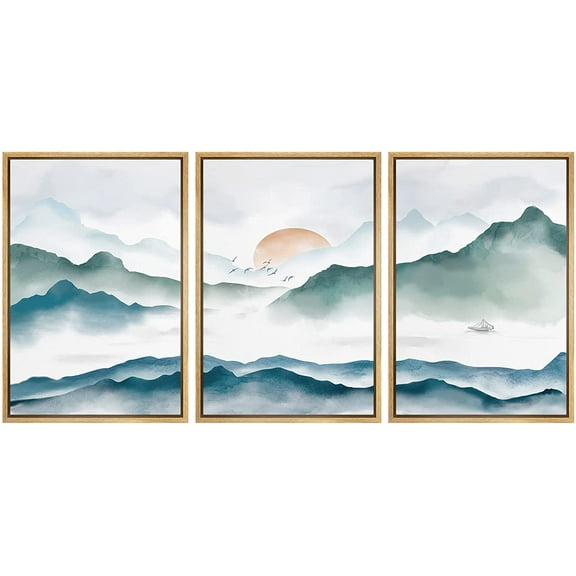 wall26 Framed Canvas Print Wall Art Set Watercolor Green & Blue Mountain Range with Birds Nature Wilderness Illustrations Modern Art Colorful Cool for Living Room, Bedroom, Office - 24"x36&q
