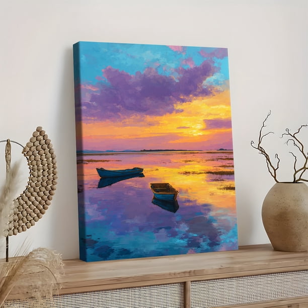 Sunset Boats Reflection Canvas Wall Art 15.75x11.81 Inches