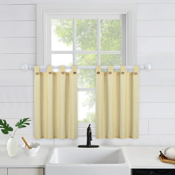 Haperlare Kitchen Curtains 45 inch Length Linen Striped Cafe Curtains with Solid Button for Living Room Bedroom Light Filtering Tier Curtain, 2 Panels, Yellow