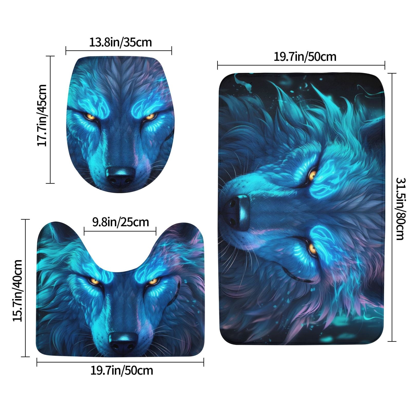 Bathroom Rugs Sets 3 Piece - Futuristic Blue Light Wolf Absorbent Non Slip Bath Mats, U-Shape Toilet Lid Cover, Contour Mat, Soft Washable Shower Mats Bath Rug Mat for Bathroom Tub Toilet