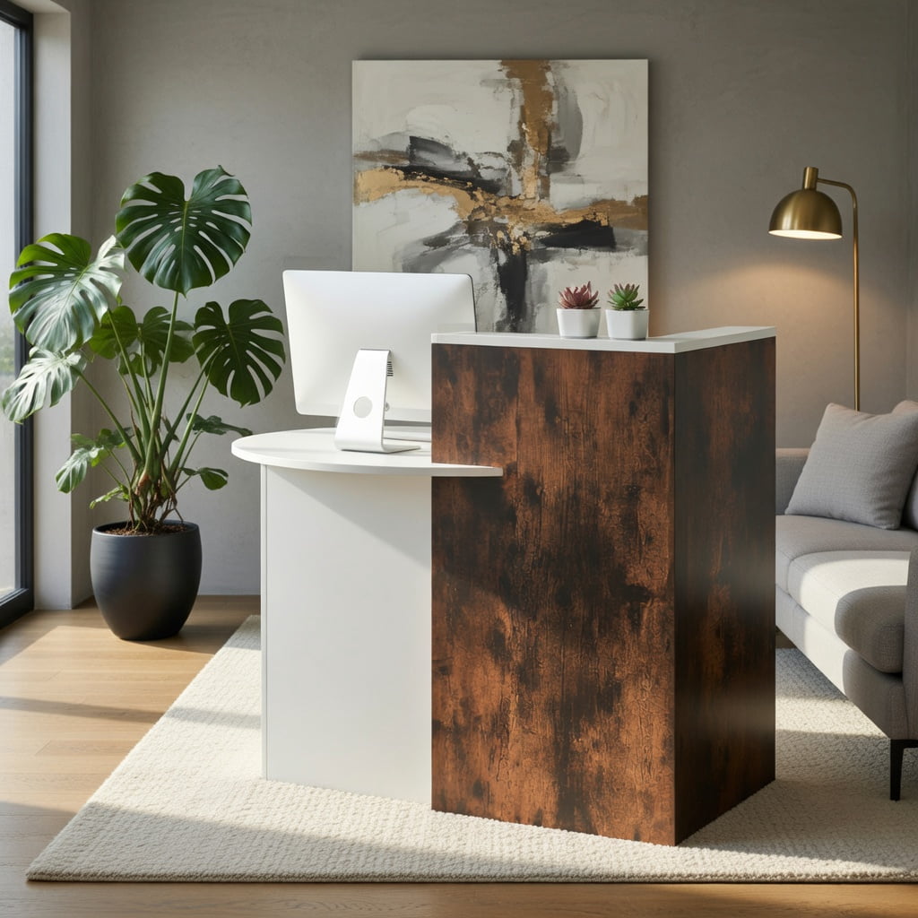 Demi Bonn Front Reception Office Desk with Open Shelf and Lockable Drawer, Small Home Computer Desk Study Writing Table, White + Brown