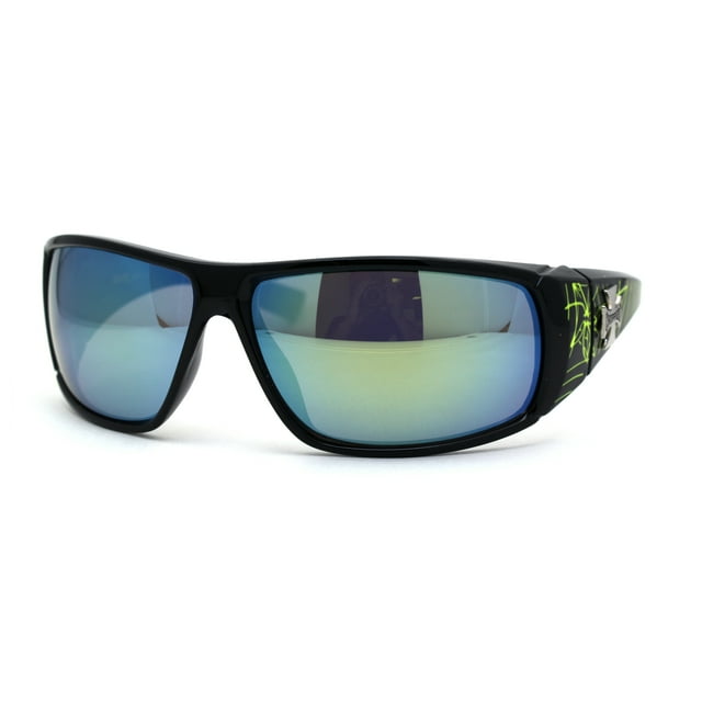 Choppers Mens Spider Web Print Rectangular Warp Biker Motorcycle Sunglasses Yellow Mirror