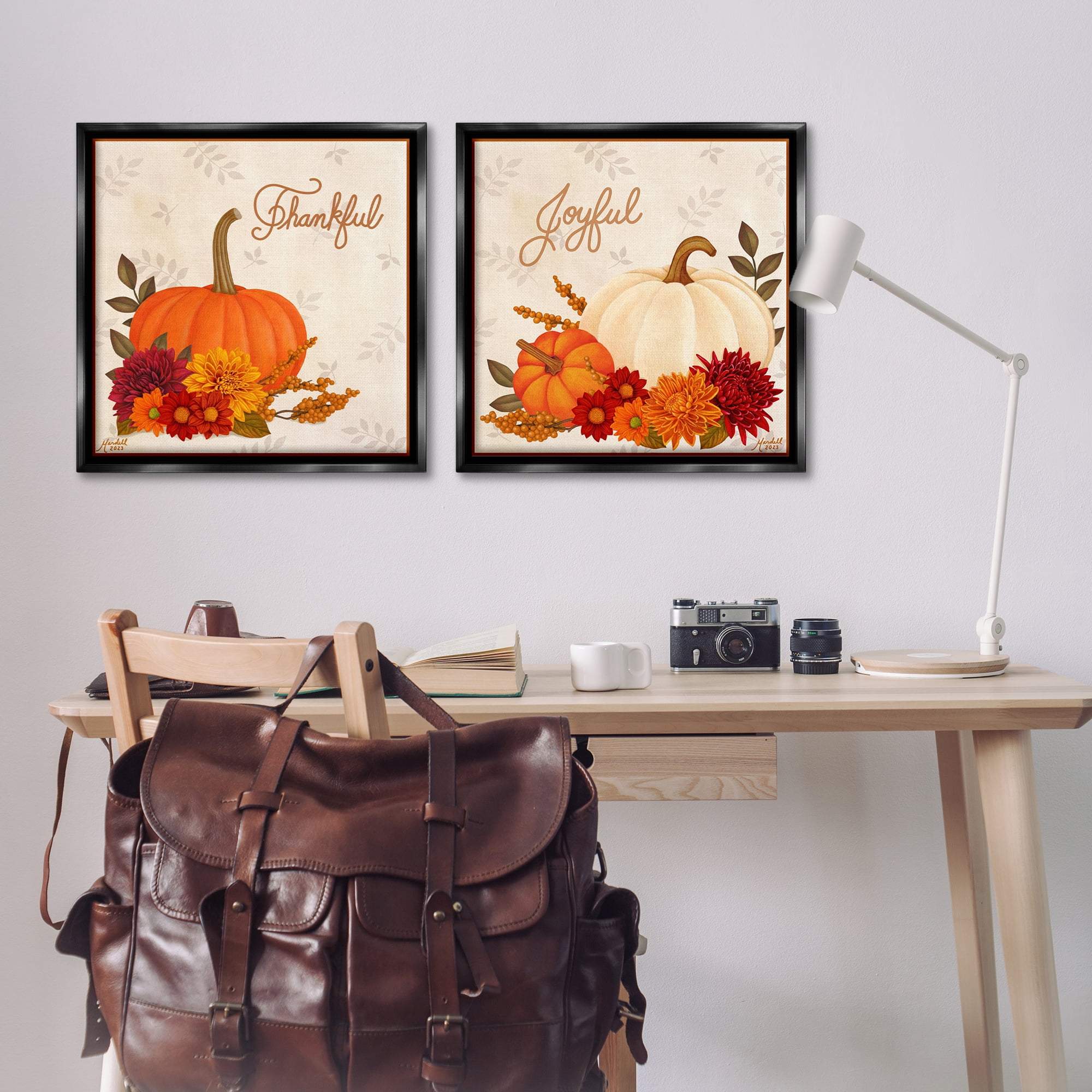 Stupell Industries Joyful Thankful Sentiment Pumpkin Holiday Painting Black Floater Framed Canvas Art Prints Wall Art, 25 x 25, Set of 2