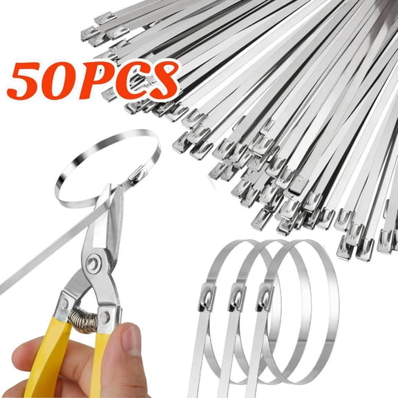 Heavy Duty Metal Zip Ties (With Tie Cutter) - UV Resistant Stainless Steel, 11.8 Inch, 50 Pieces, Self-Locking, Suitable For Fixing Fences, Pipes, Etc. Outdoor