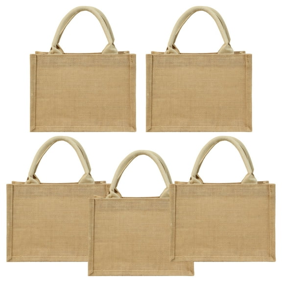 5 PCS Burlap Tote Bags, Natural Jute Reusable Present Bags with Handles, Blank DIY Totes for Bridesmaid Wedding, Market Shopping, Bachelorette Party, Beach Trip, 9.8 x 7.1 x 5.1 in