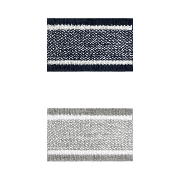 NOMADIC NOOK 2 Pcs Chenille Striped Bathroom Mats Non-Slip Soft Plush Shaggy Bath Rugs Blue/Grey 16" x 24"