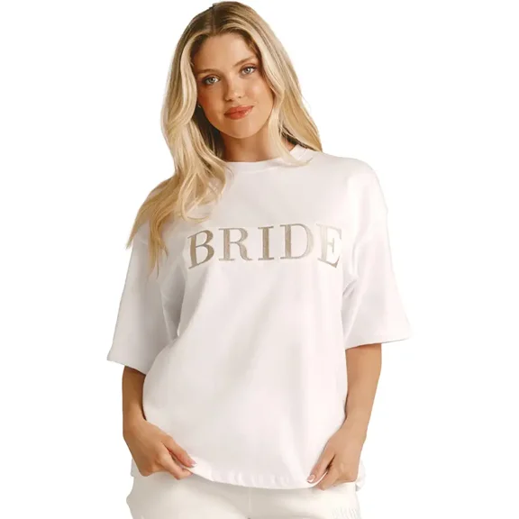Six Stories _ Bride Statement Tee _ White Cotton Graphic Soft T-Shirt with Comfy Crewneck for Newlyweds