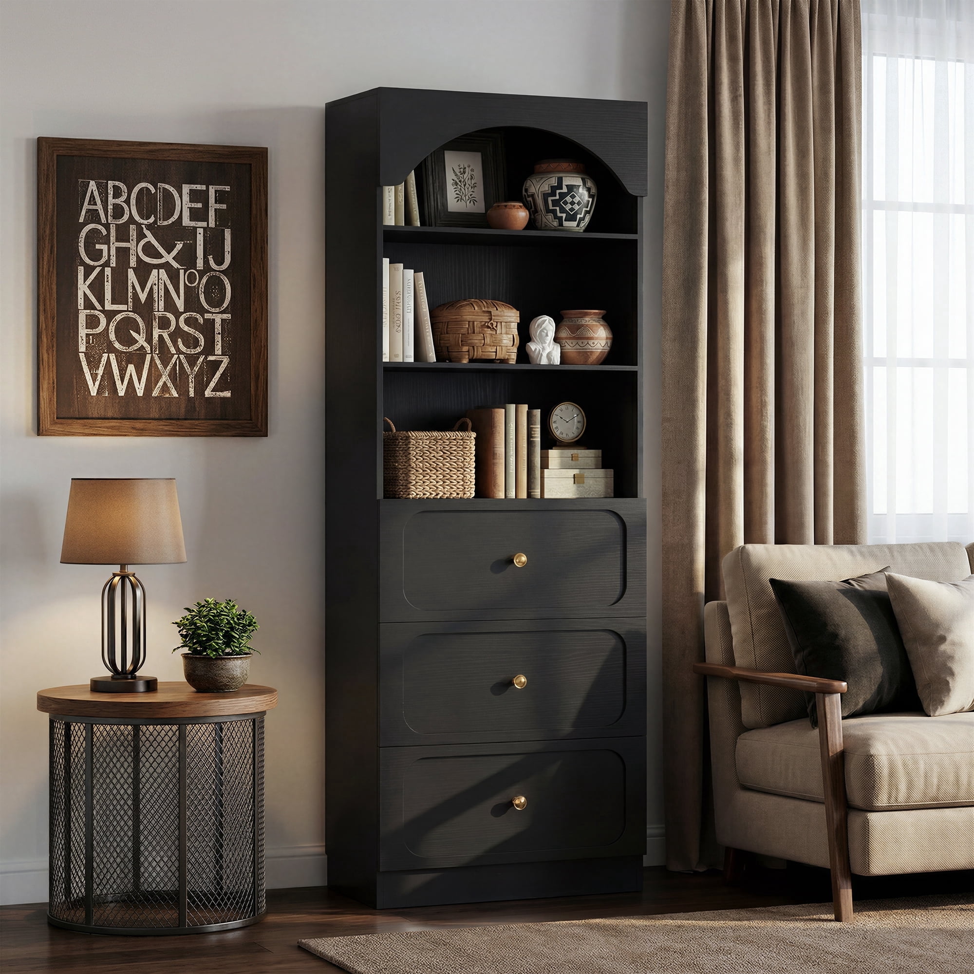 Homieasy 80" Tall Arched Bookcase with 3 Drawers & 3 Open Shelves - Wooden Storage Cabinet for Living Room, Kitchen, Office,Black