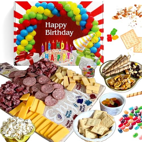 GiftWorld Happy Birthday Meat & Cheese Gift Basket - Birthday Food Gifts Assortment for Men & Women