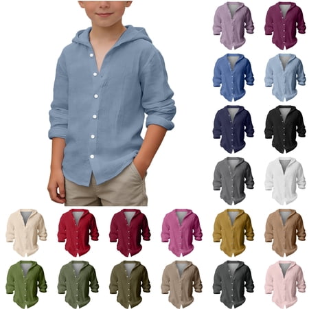 Kureaily Boys Button Down Shirt Long Sleeve Casual Summer Solid Beach Blouse For Kids Hooded collared long sleeve topSize 6-7 Years Black