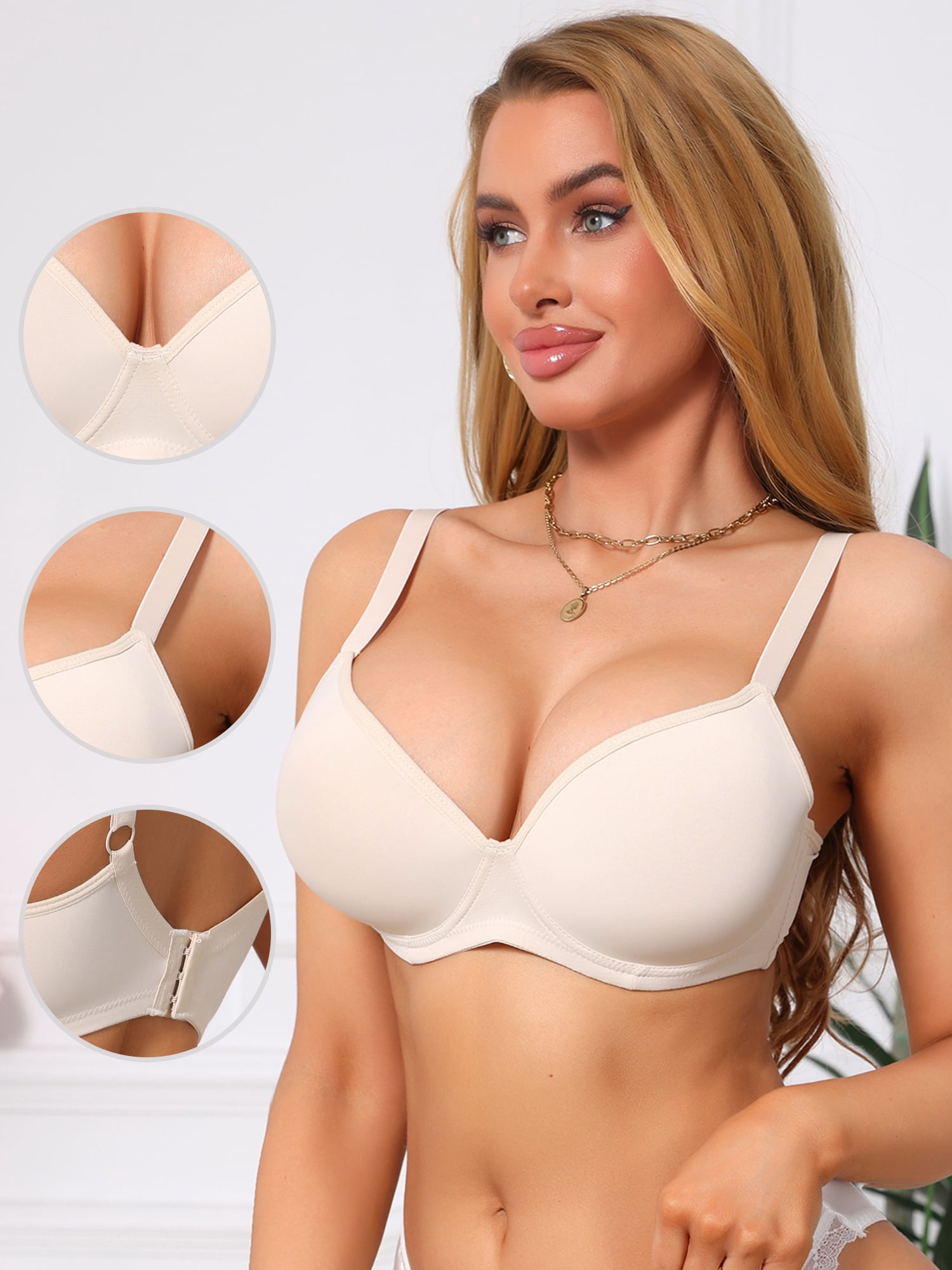 DARING DIVA Women's Smoothing Underwire Bra Plunge Push Up Bralette B 38 Apricot