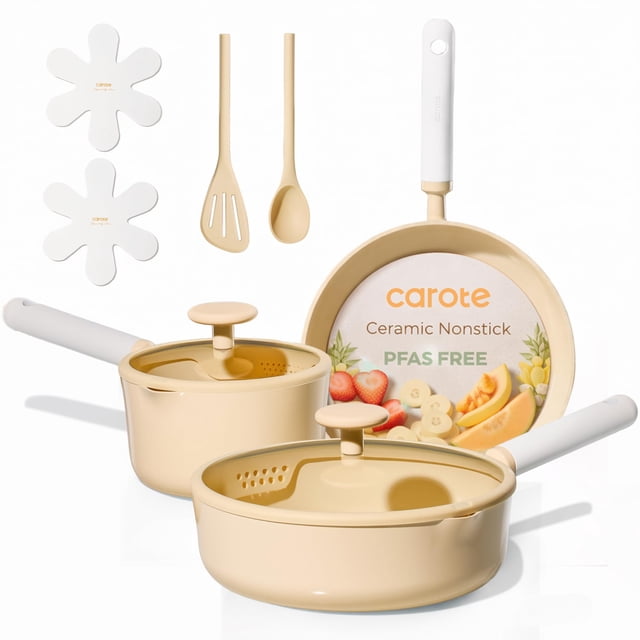 Juego de utensilios de cocina CAROTE de 9 piezas, cerámica antiadherente, amarillo