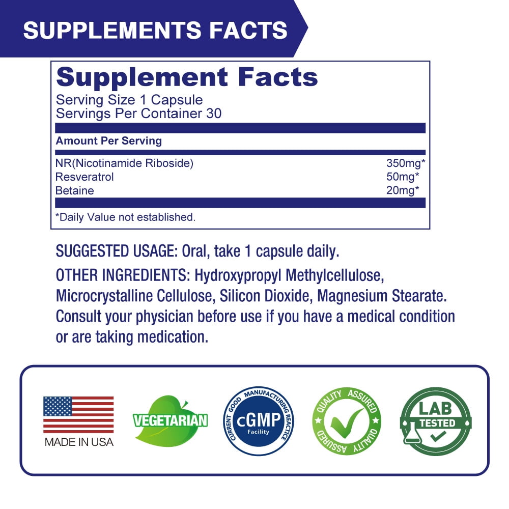 Lovita NR (Nicotinamide Riboside) 350 mg, NAD Supplement with Trans-Resveratrol and Betaine, Promote NAD Plus Levels, Healthy Aging, 30 Vegan Enteric-Coated Capsules