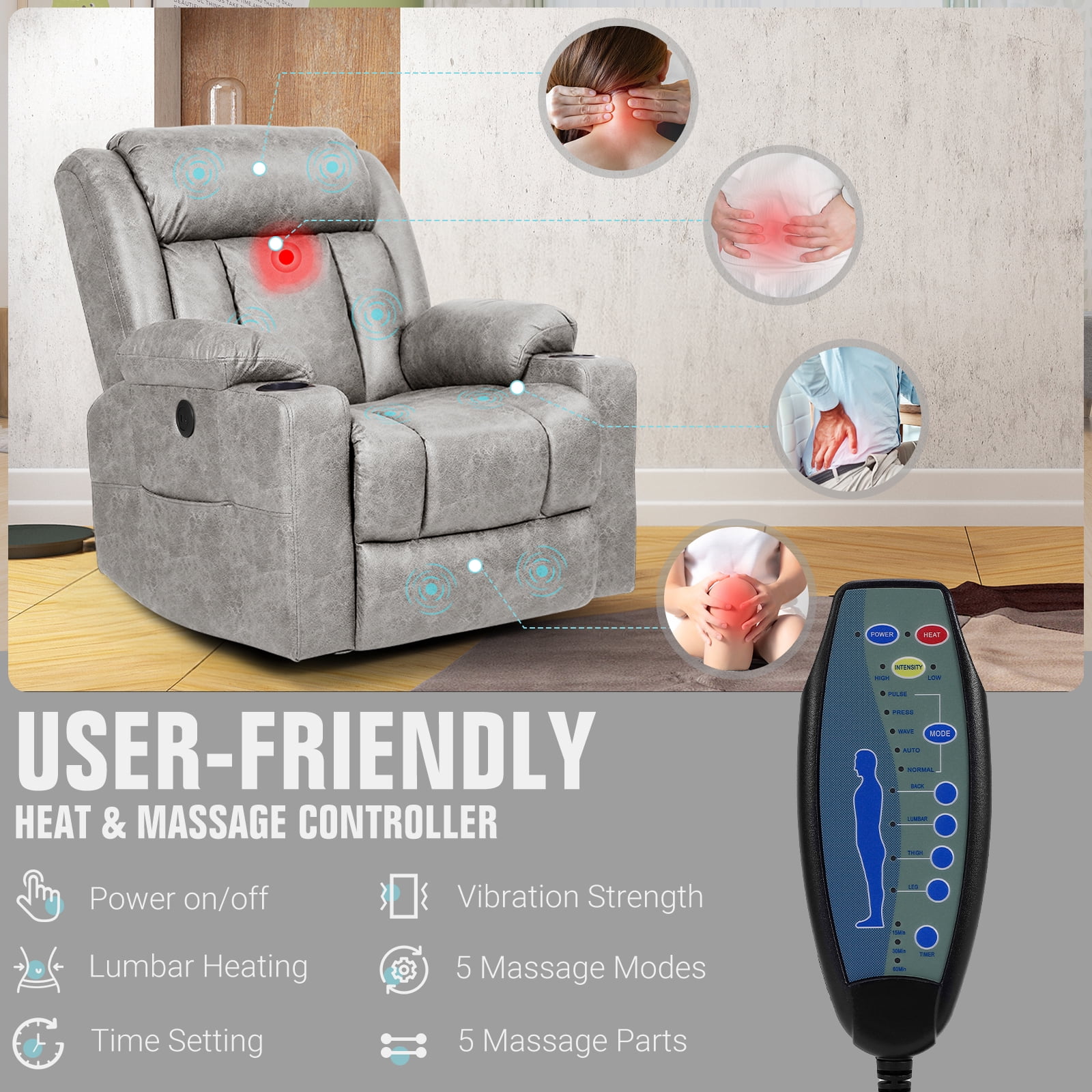 LAFWELL Rocking Recliner Chair - 360° Swivel with Vibration Massage & Heat, Grey - Ideal for Living Room, Bedroom, Nursery, RV