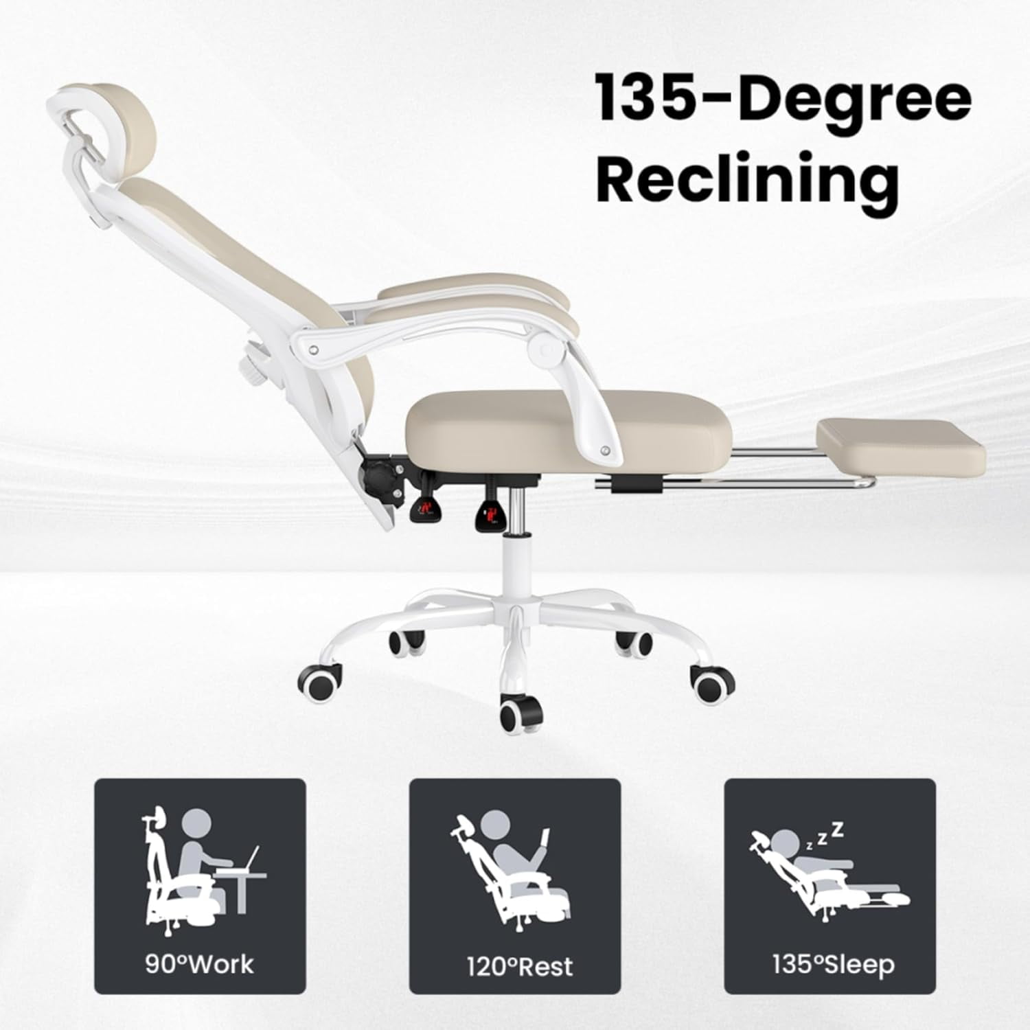 BISHE Ergonomic Office Chair with Footrest & Adjustable Headrest, Reclining Computer Chair with Customizable Lumbar Support, Breathable Mesh Back & Seat, 360° Swivel Wheels, Khaki