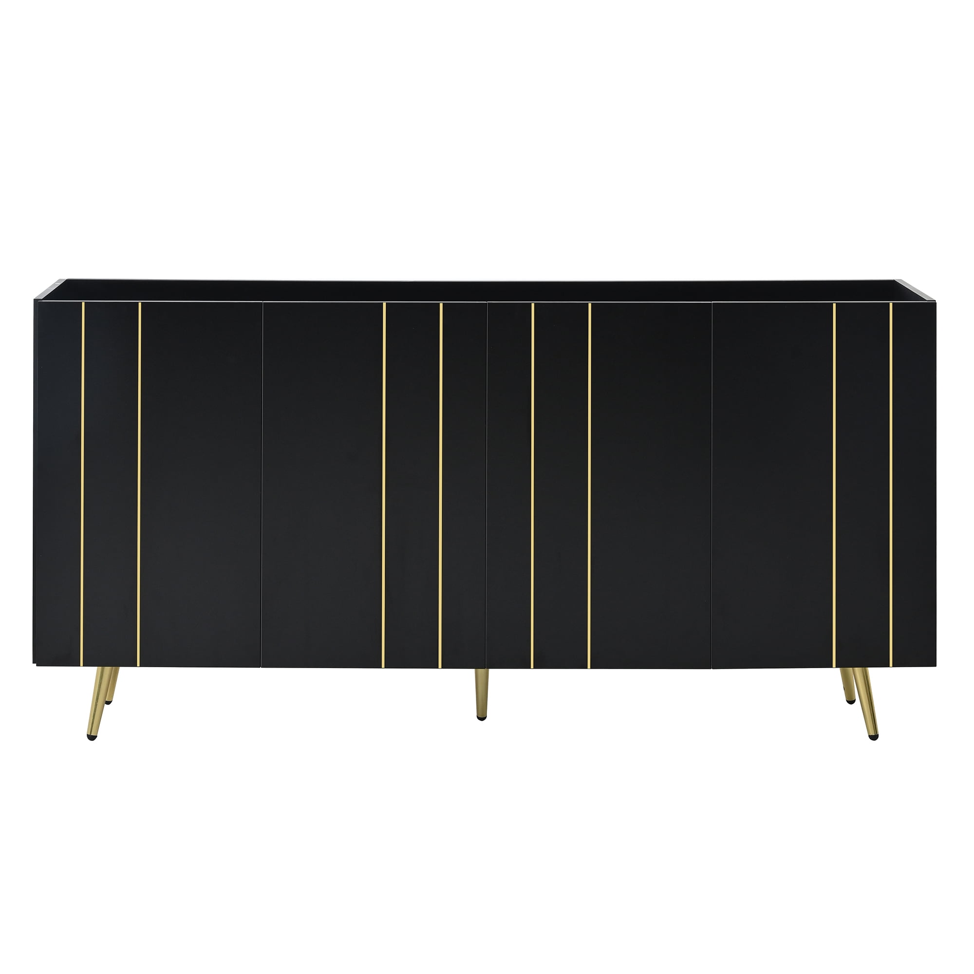 MAYEERTY Luxurious Shoe Cabinet with 5 Metal Legs, Modern TV Stand with 4 Adjustable Shelves for TVs Up to 70", Minimalist Sideboard Cabinet with Gold Lines Doors for Living Room,62.9"x 31.4",Black