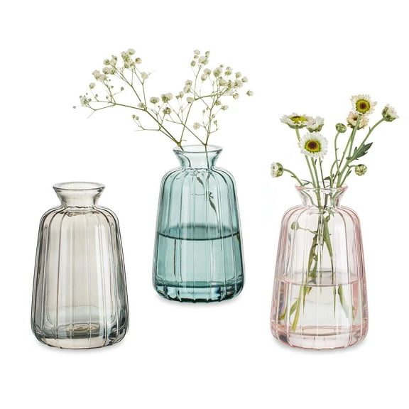 Glasseam Small Glass Bud Vase 4.52"Colorful Cute Ribbed Vases for Flowers Set of 3 (Pink Grey Green)