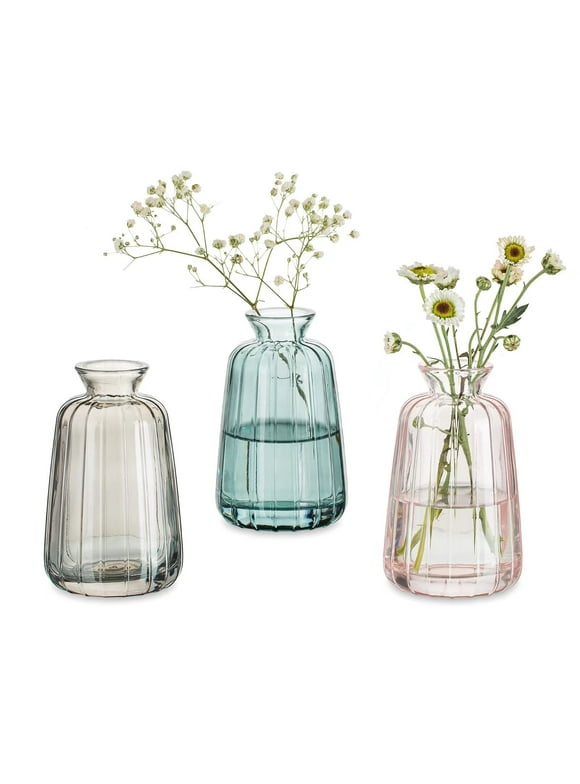 Mother's Gift Small Glass Bud Vase 4.52"Colorful Cute Ribbed Vases for Flowers Set of 3 (Pink+Grey+Green)