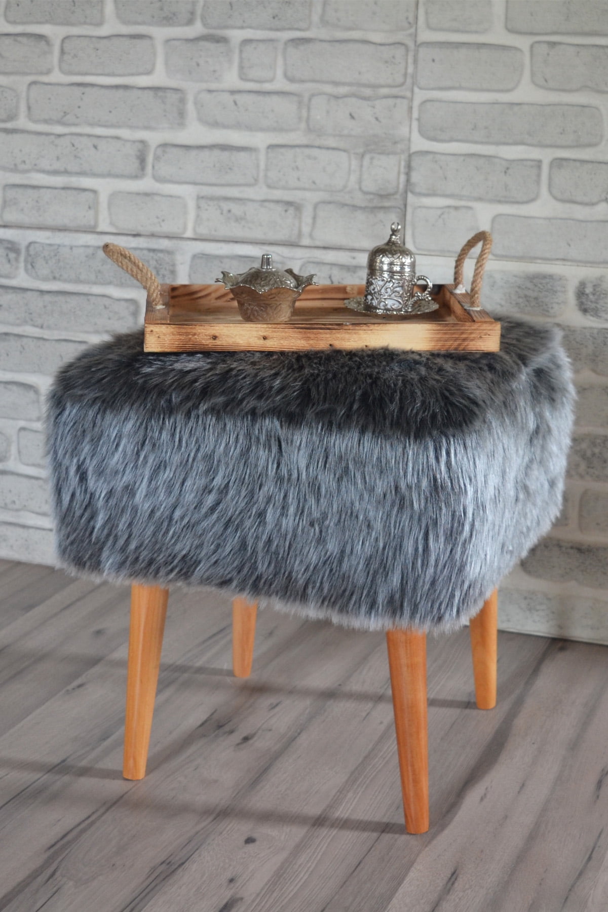 grey faux fur stool