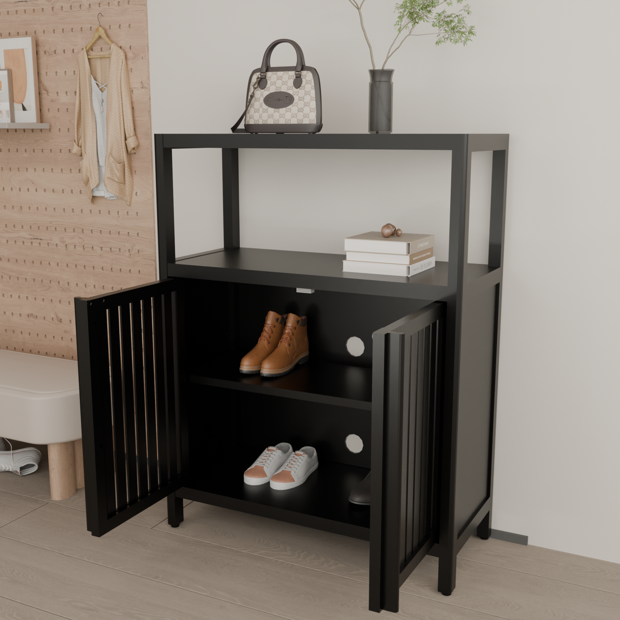 Yoneston 3-Tier Bamboo Bathroom Shelf Storage Cabinet, Freestanding Floor Cabinet with 2 Doors for Entryway, Living Room, Black