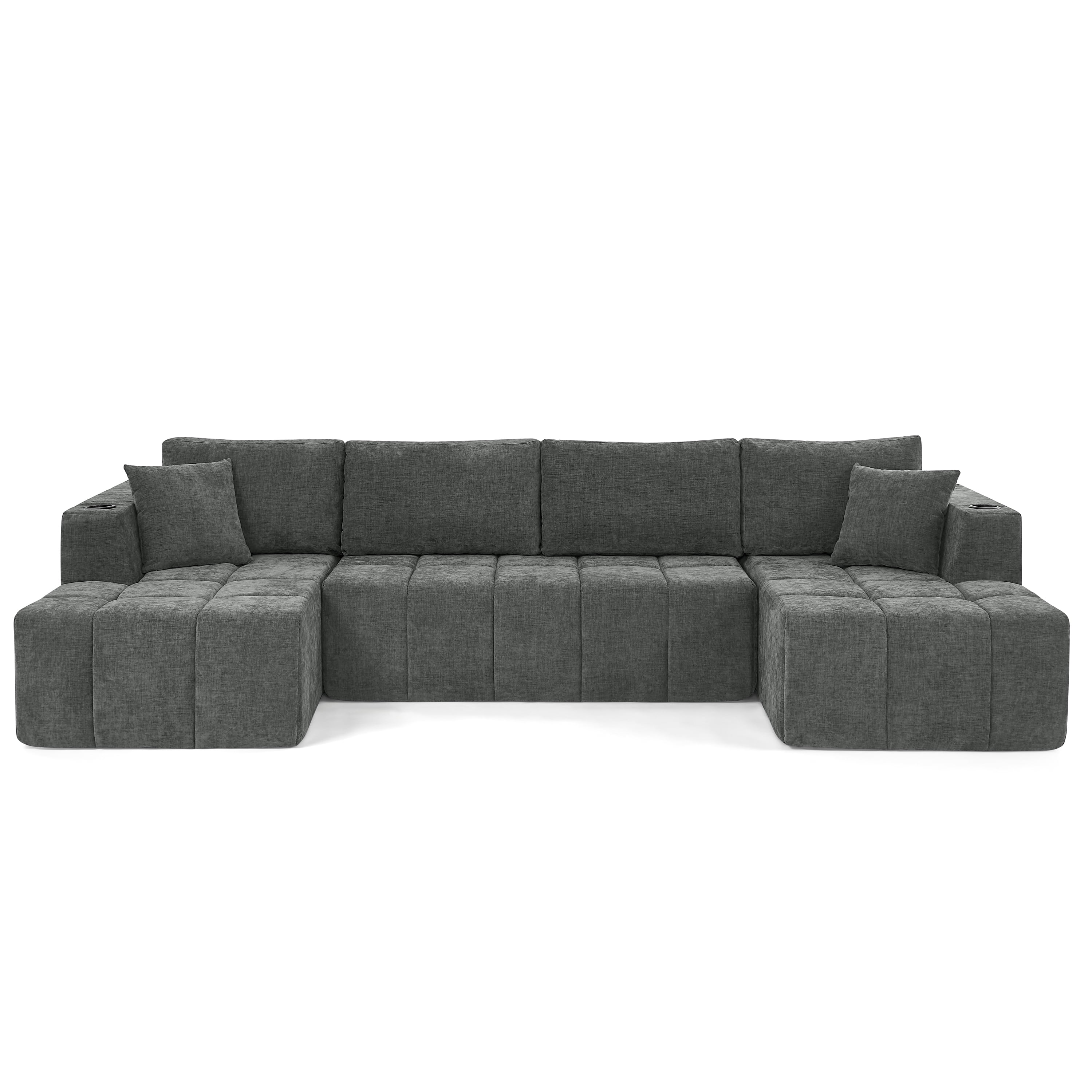 132"W U-Shaped Sectional Sofa with Dual Chaises,Modular Chenille Upholstered Couch with Cup Holders & Side Pockets,No Assembly Boneless Sofa,Dark Grey