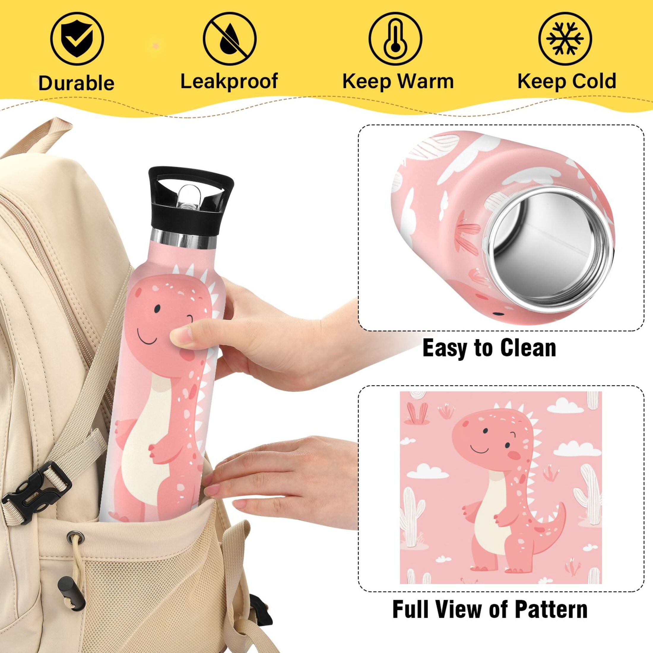 Kids Insulated Stainless Steel Sports Water Bottle 600ml (20oz), BPA-Free Cute Pink Dinosaur Pattern
