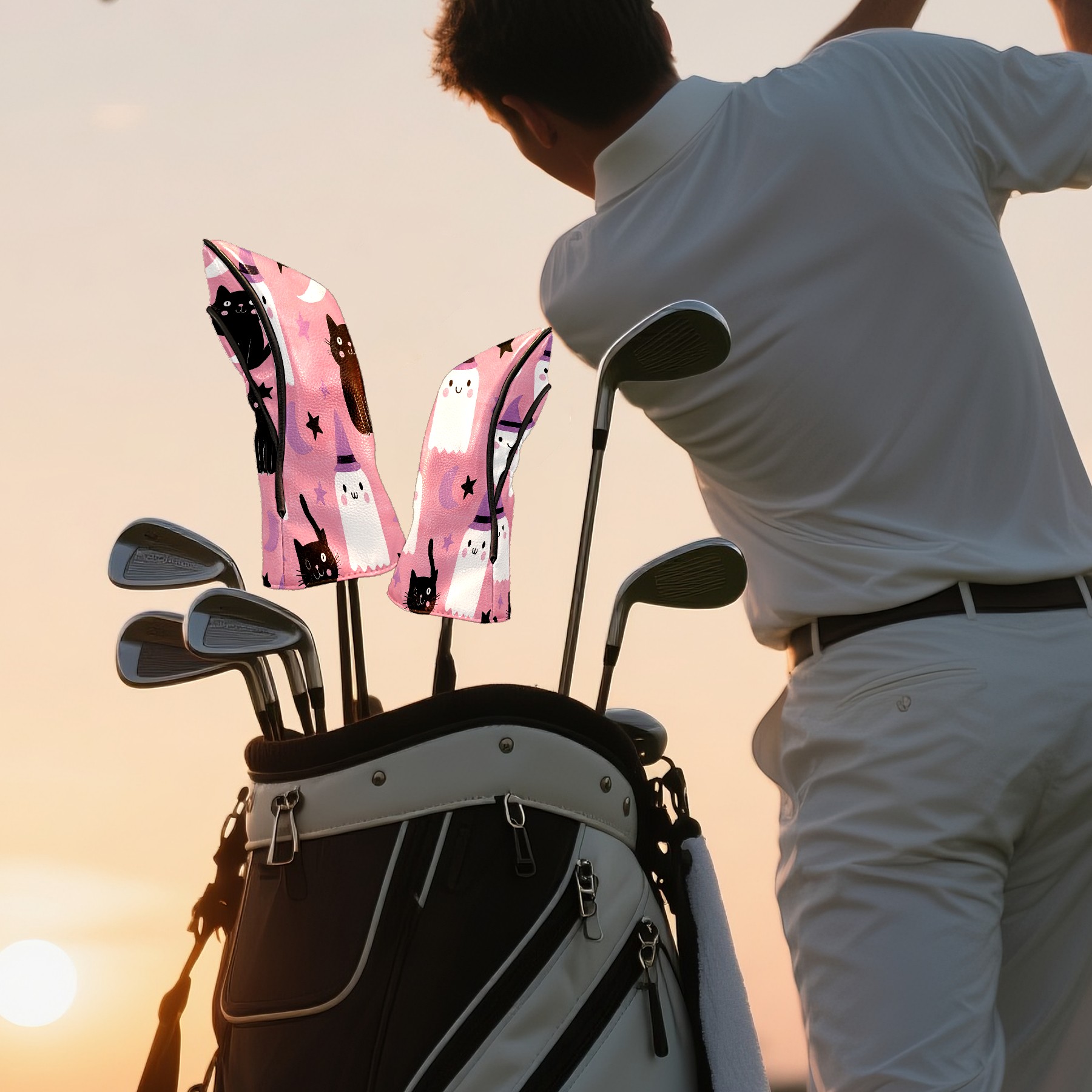 Golf Club Covers, Pink GhostCat Premium PU Leather Driver Hybrid Putter Head Covers with Velvet Lining, Waterproof Golf Gifts for Men Women