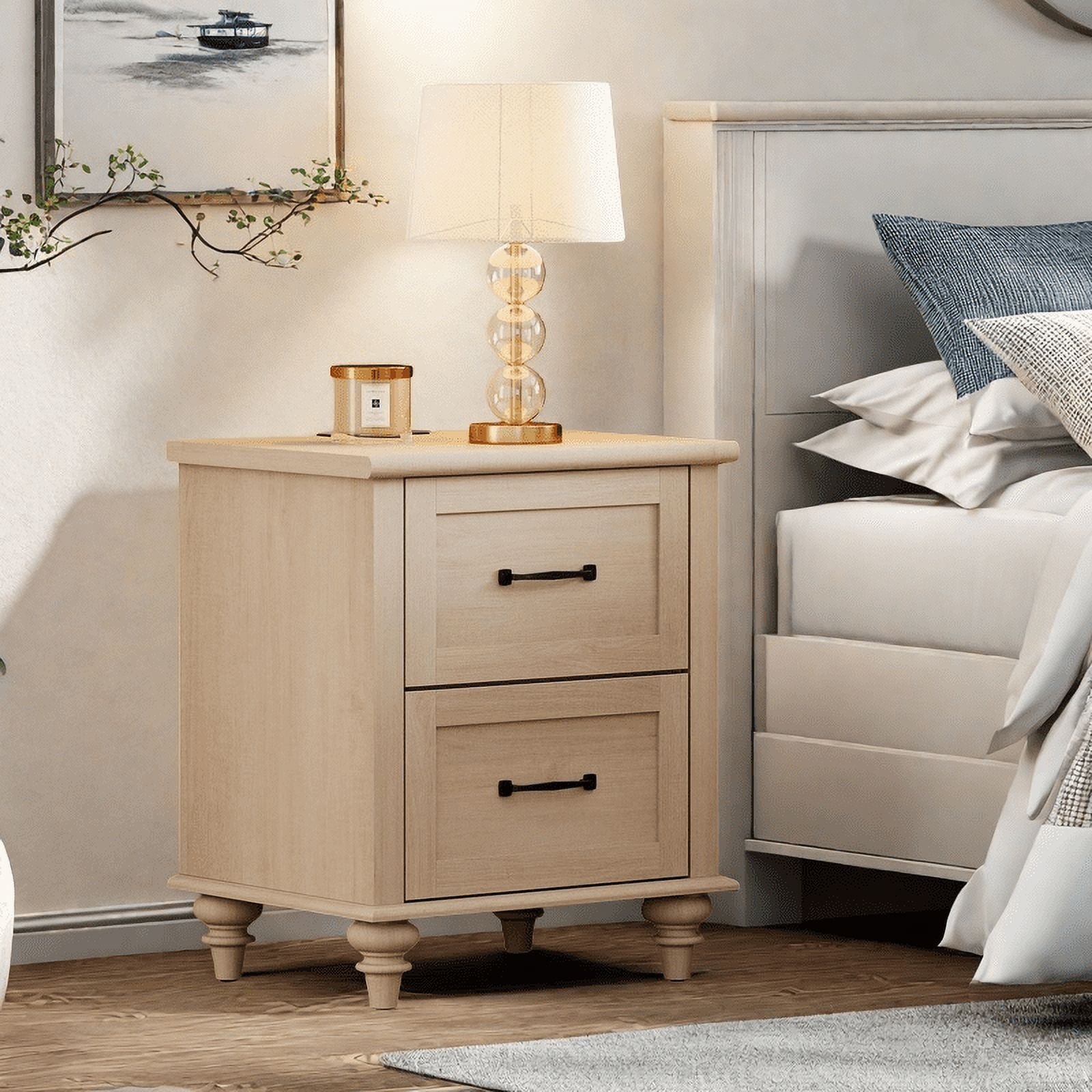 Beige End Table with 2 Drawers, Wooden Side Table Nightstand with Charging Station for Living Room & Bedroom