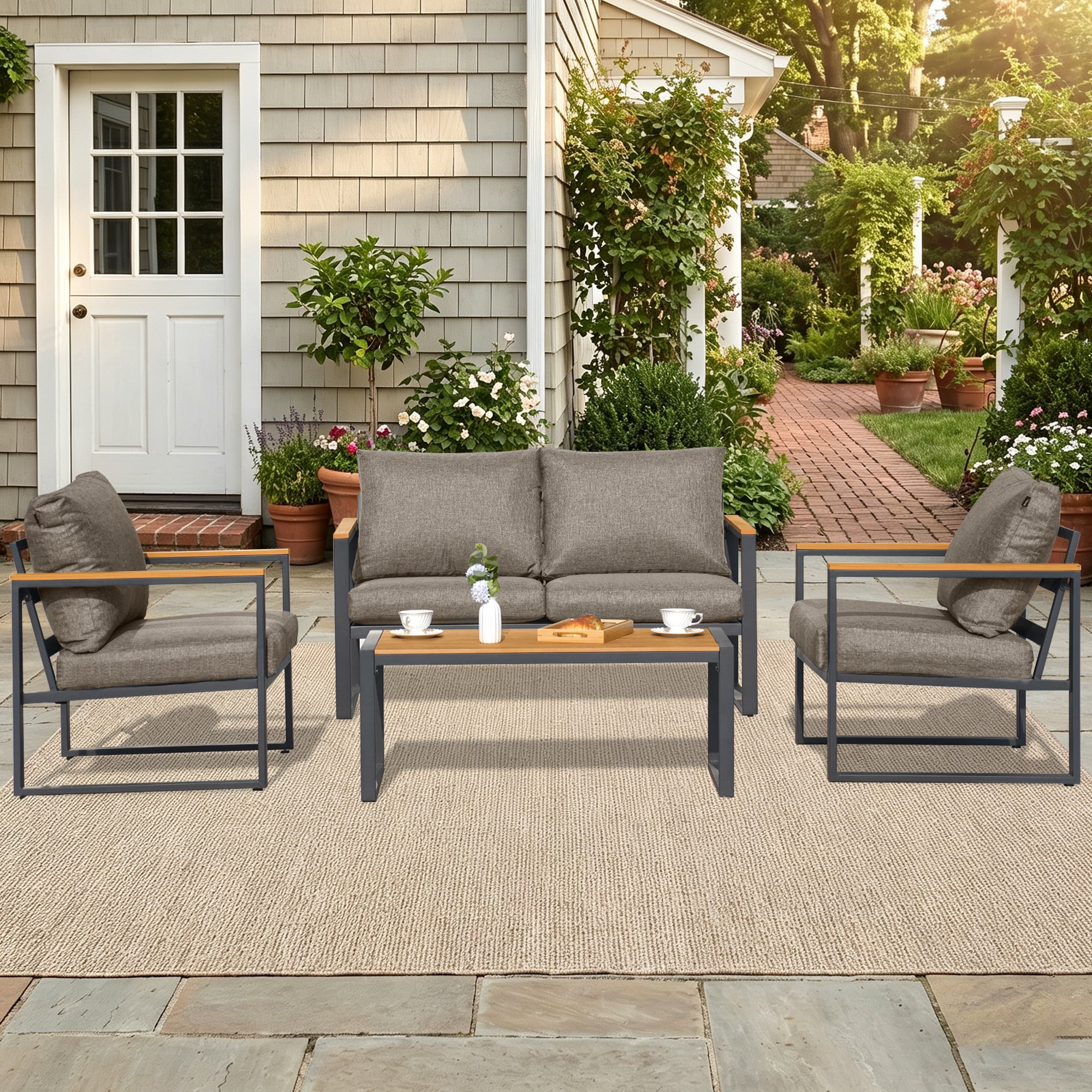 COMLAX FIELD 4-Piece Patio Furniture Set, Metal Outdoor Conversation Set with Coffee Table & Removable Cushions