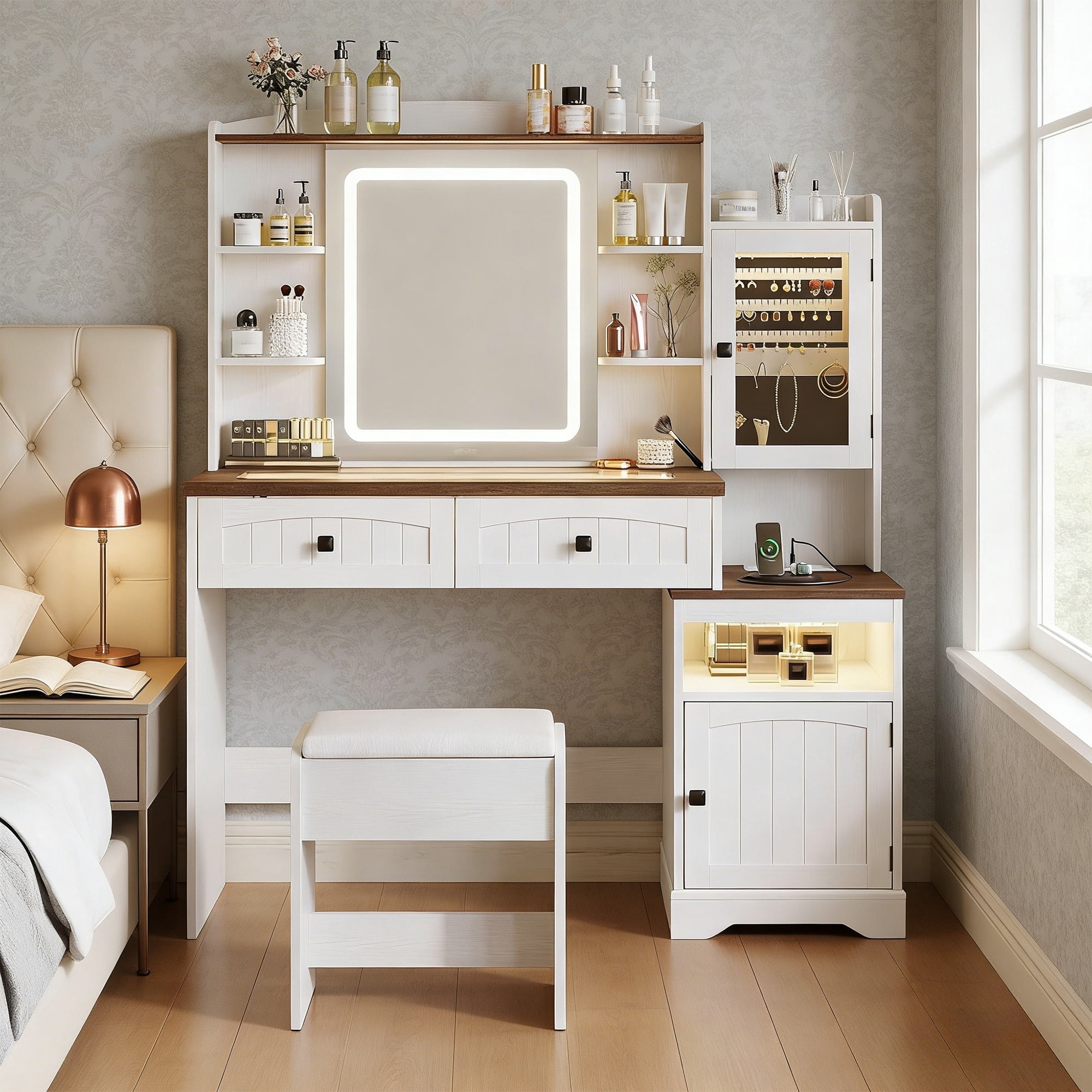 Vabches Farmhouse Vanity Desk Set with LED Lights Mirror & Glass Top, Large Makeup Table with RGB Light, Jewelry Cabinet & Power Outlet & Chair for Girls, White