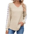 thumbnail image 3 of Loopsun Womens Fall Tops, Long Sleeve T Shirts for Women, Women's Casual Loose Solid V-neck Long Sleeve Lace T-shirt Top Beige, M, 3 of 5