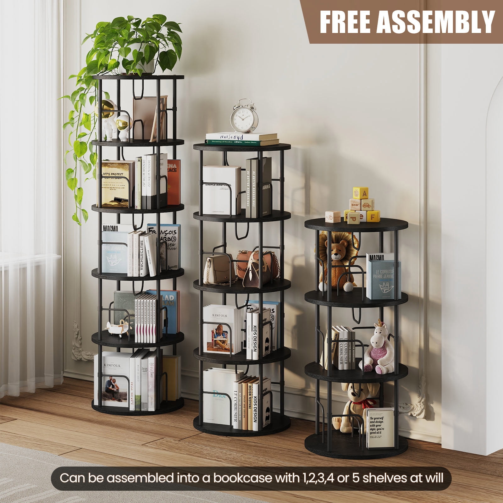 Flycity 5 Tier Rotate Bookcases, 360° Display Corner Shelf Spin Bookcases with Special Visible Partition Storage, Black