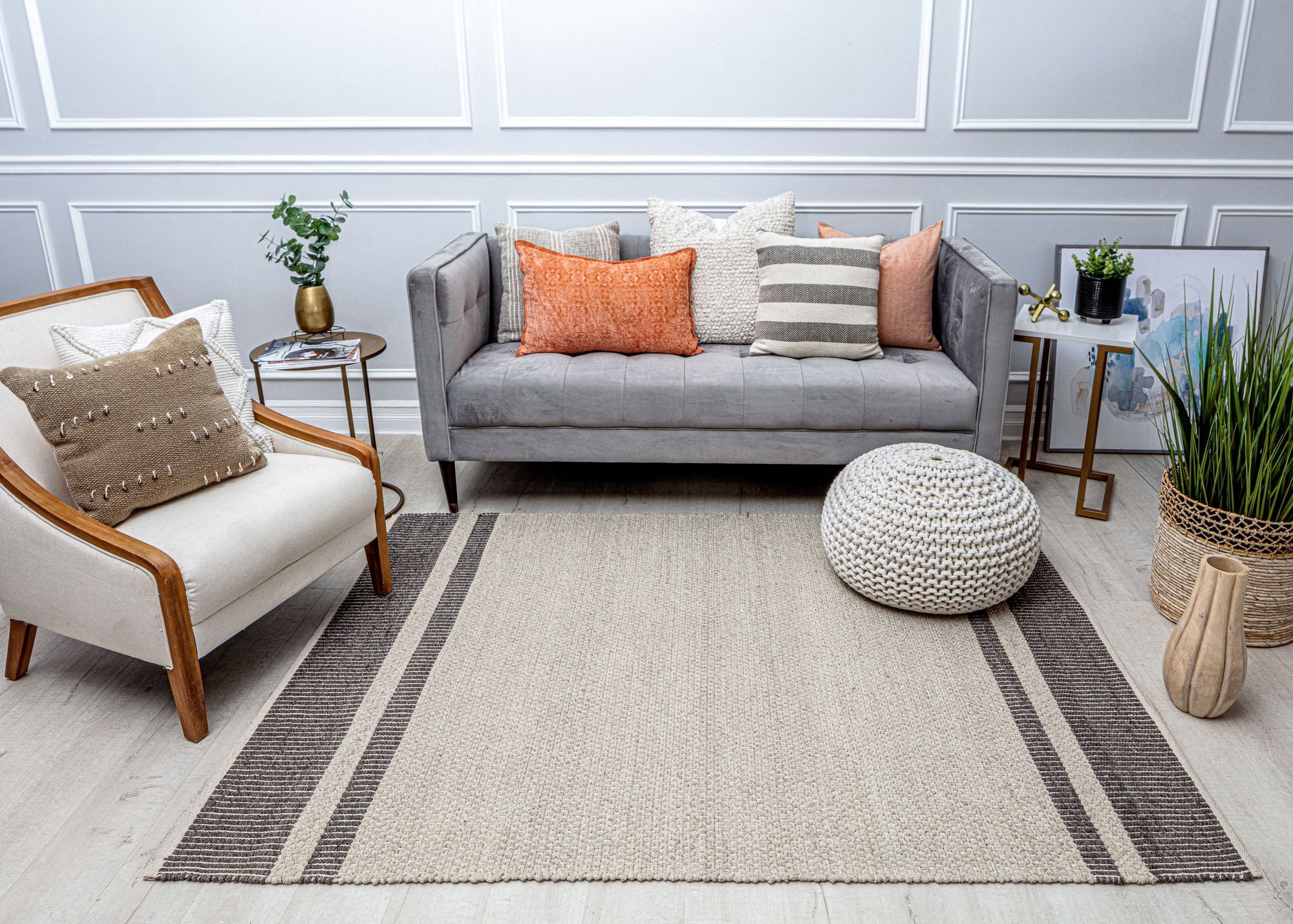 Rugs America Daphina DN10C Asphalt Border Farmhouse Cream Area Rug, 8'0"x10'0"