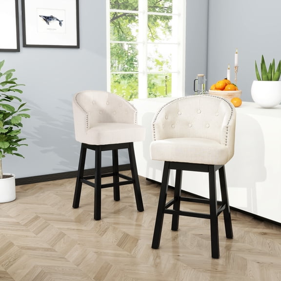 360 Degree Swivel Bar Stool Set of 2, Beige Contemporary Stools with Nailhead Trim & Button Tufted Back, Rubber Wood Frame, 31.25" Seat Height for Kitchen Island and Home Bar