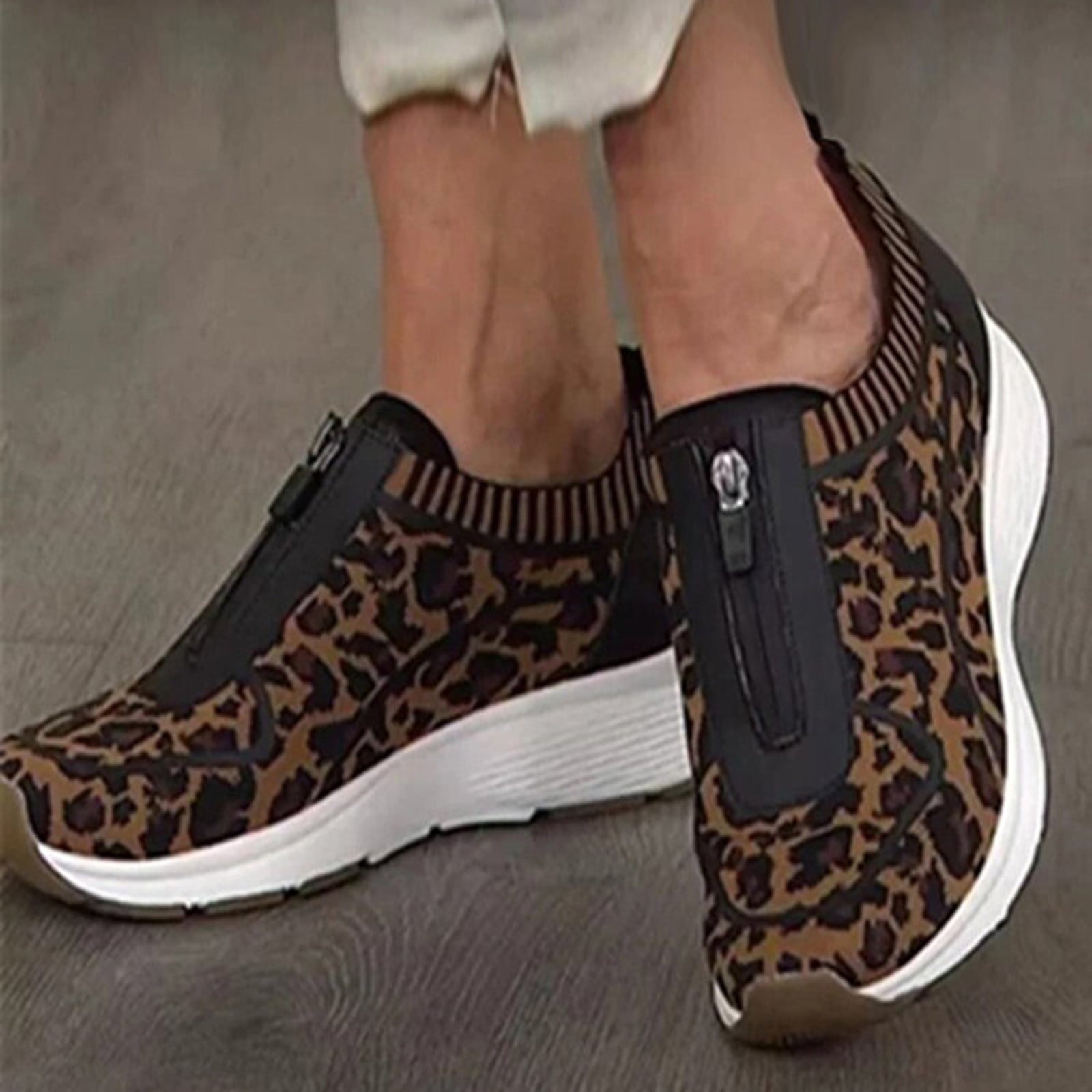 Women Fashion Sneakers Zipper Slip on Flats Comfort Walking Sports Casual Shoes