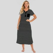 Women Nightgowns Lounging Dress Striped Short Sleeve Soft Loose Full Length Casual Sleepwear Nightdress
