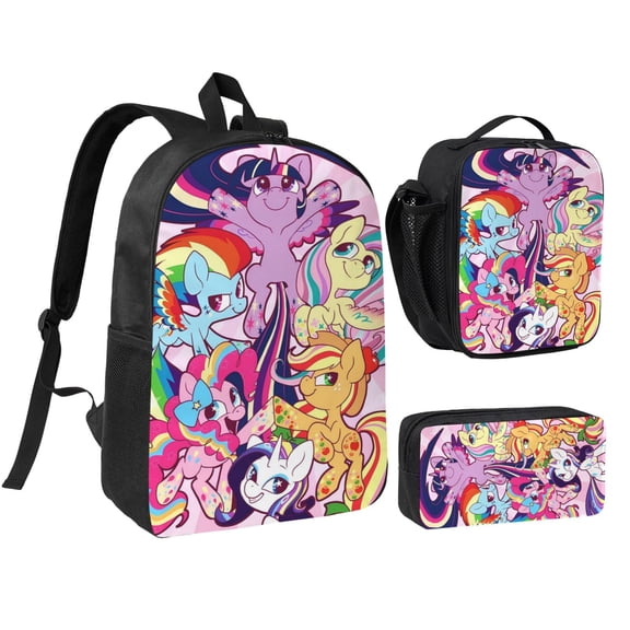 3 Piece High Capacity Bookbag My Lit-tle Pony Backpack Set Travel Knapsack with Lunch Box Pencil Case