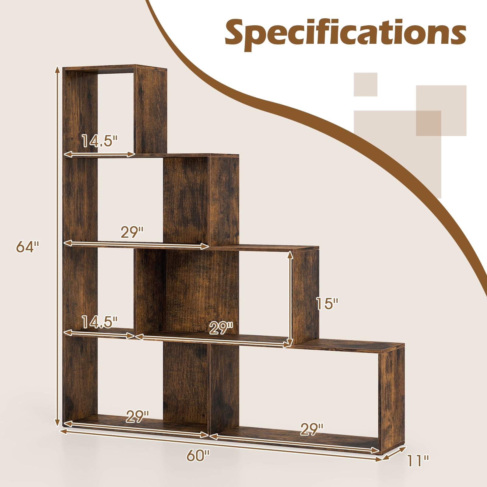 Costway 4-Tier Stepped Bookshelf with 6 Cubes, 64” Tall Organizer with Anti-Tipping Kits Rustic Brown