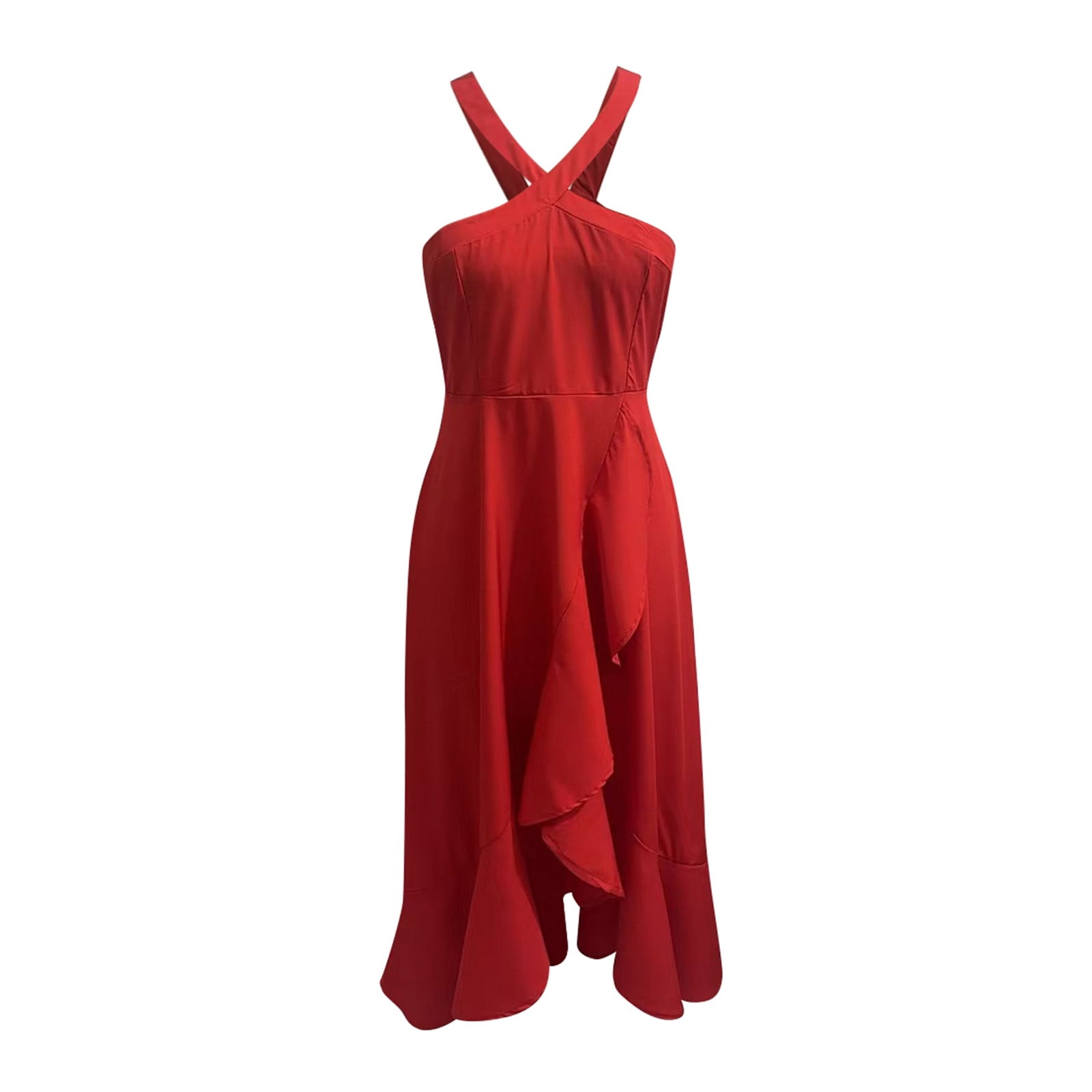 Jamsmile Womens Dress Solid Color Halter Cross Strap Ruffles Hem High Split Party Long Dresses Elegant Ladies Slim Fit Party Dress