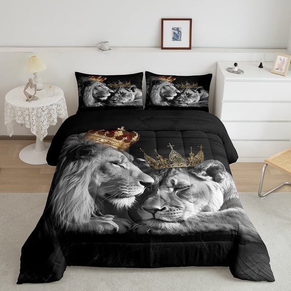 Erosebridal Safari Lion Bedding Sets Queen Golden Crown Comforter Set King And Queen Duvet Insert Jungle Wild Animal Bedding Comforters & Sets Couple Room Decor Valentine'S Day Gifts,Lightweight 3pcs