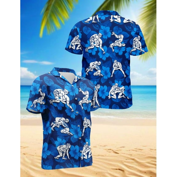 Wrestling Hawaiian Shirt for Men, Sporty Style, Button Down Summer Beach Short Sleeve, S-5XL
