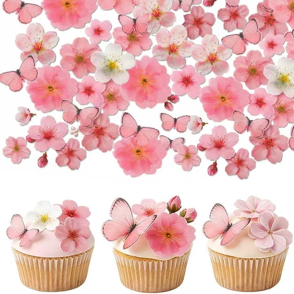 XIBUFE 85 Pcs Edible Cake Decorations, Pink Flowers Cupcake Toppers, Wafer Paper Cherry Blossom & Butterfly Cake Toppers for Baby Shower Wedding Birthday Party Supplies